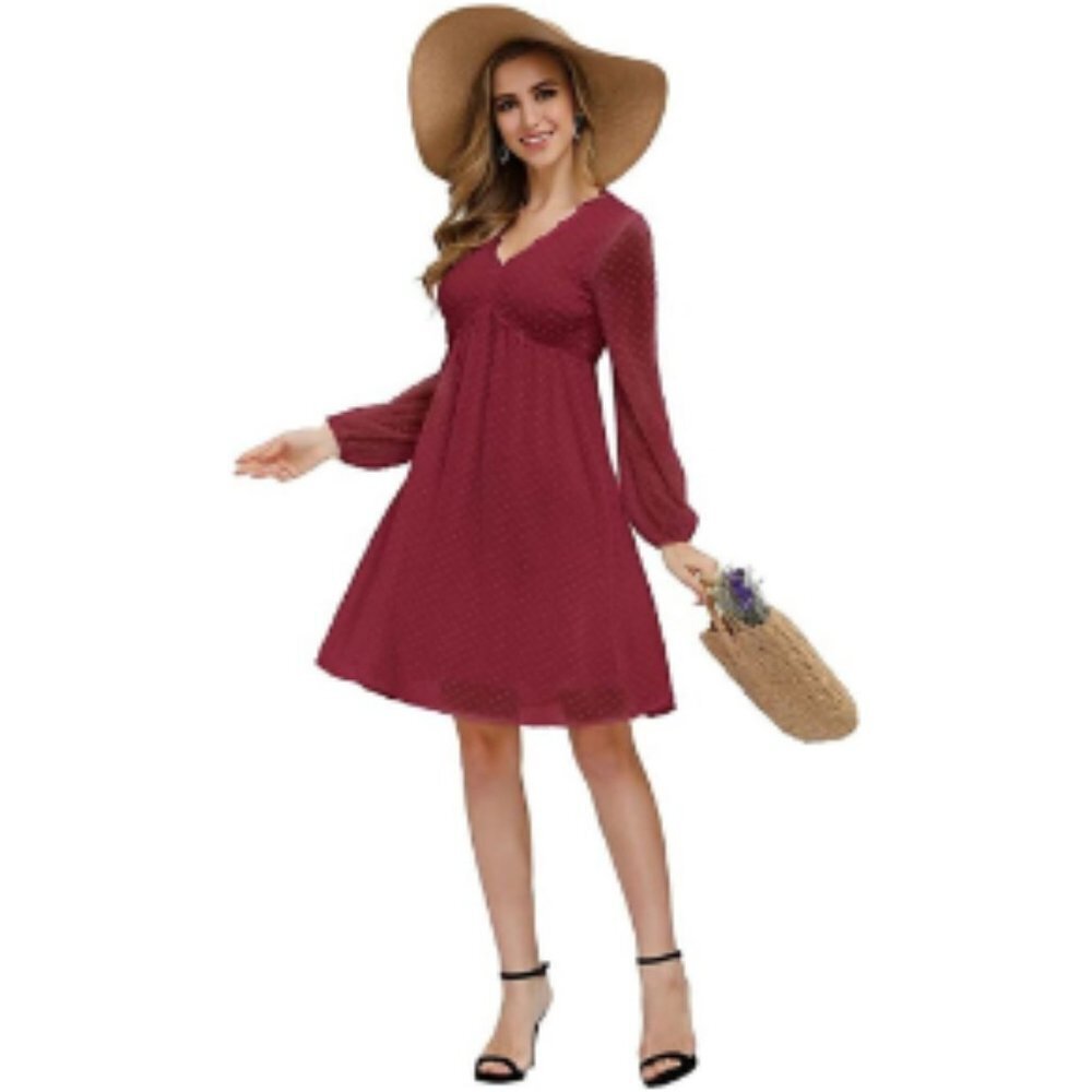 JASAMBAC Women's LS Swiss Dot Dark Red Dress Small NWOT